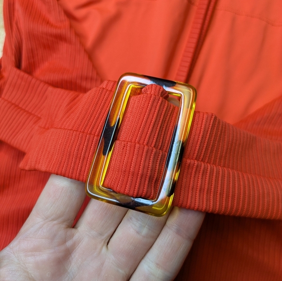 2/$25-Miss Adola Ribbed T-back One Piece Orange/Red Lower Back Belt Cinch Vneck - Picture 5 of 8